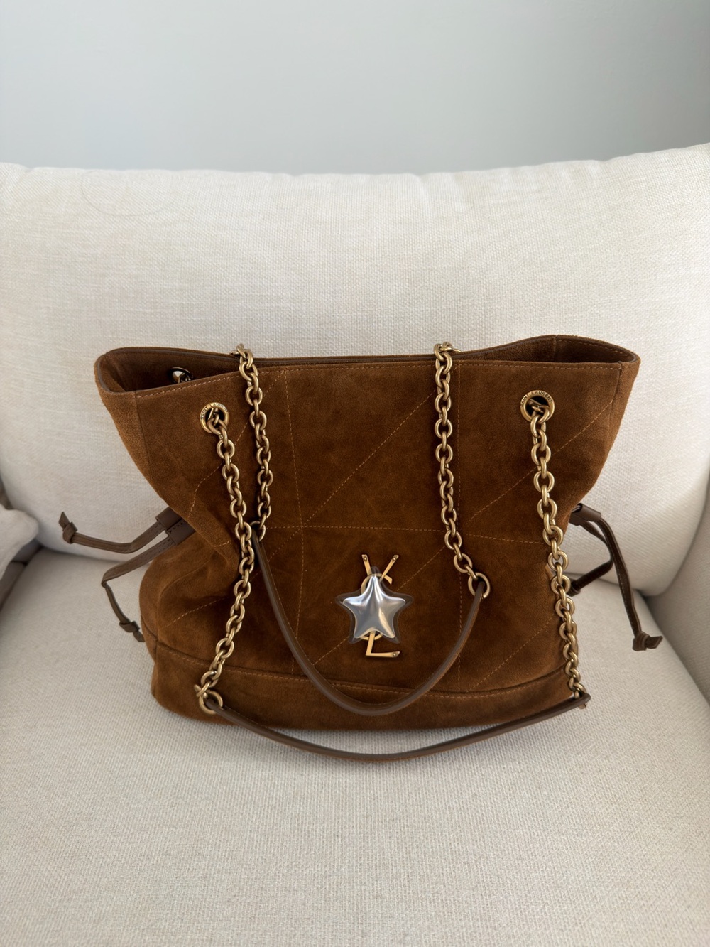 Brown Suede Tote with Gold Chain Straps